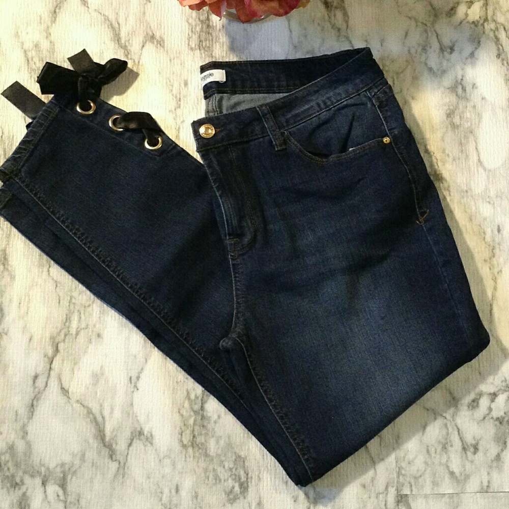 Kensie Dark Blue Ankle Jeans with Black Ribbon Detail